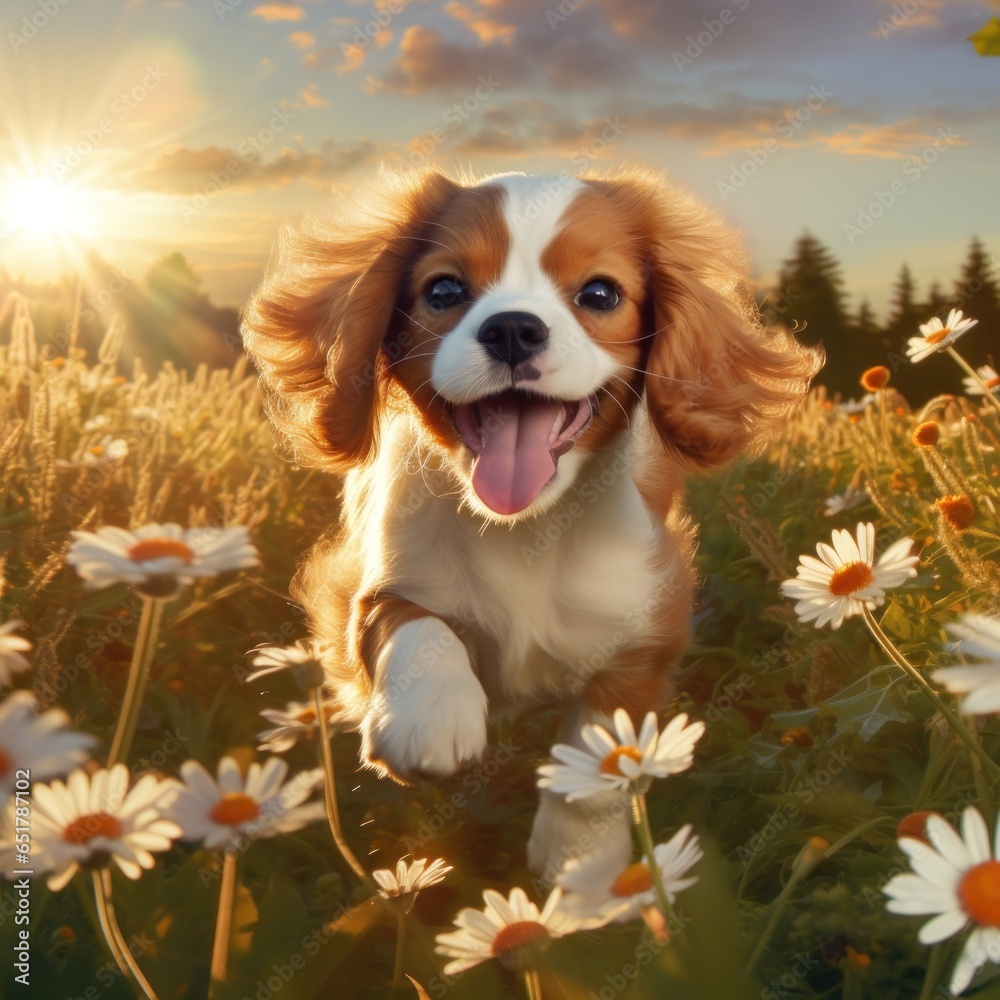 A photorealistic image of a Cavalier King Charles Spaniel puppy running through a field of wildflowers in the golden hour A photorealistic image of a Cavalier King Charles Spaniel puppy running through a field of wildflowers in the golden hour