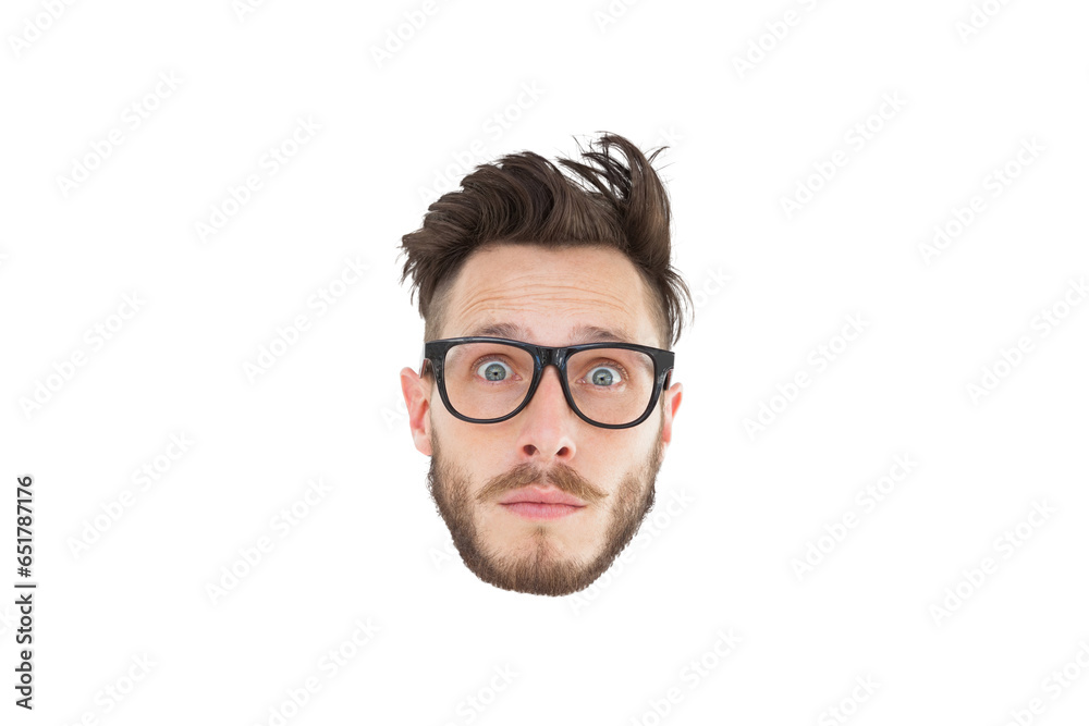 Digital png photo of face of caucasian man with eyeglasses on transparent background