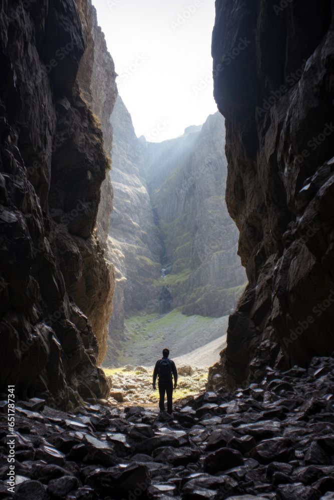 Man at bottom of valley, large, shadowy rock walls surrounding him, pov towards the sky visible through the crevasse