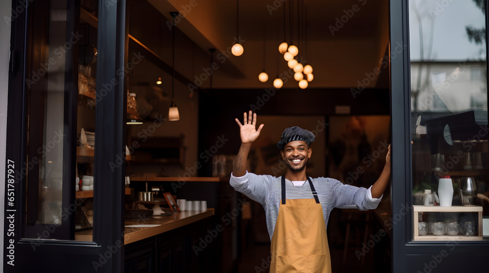 The young coffee shop owner stands at the entrance, warmly waving and greeting customers. small business concept. 