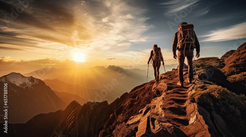 Step by step, they conquered the height, Scaling the mountain, bathed in the sunlight. Their perseverance led them to the top, where a breathtaking view awaited © Sasint
