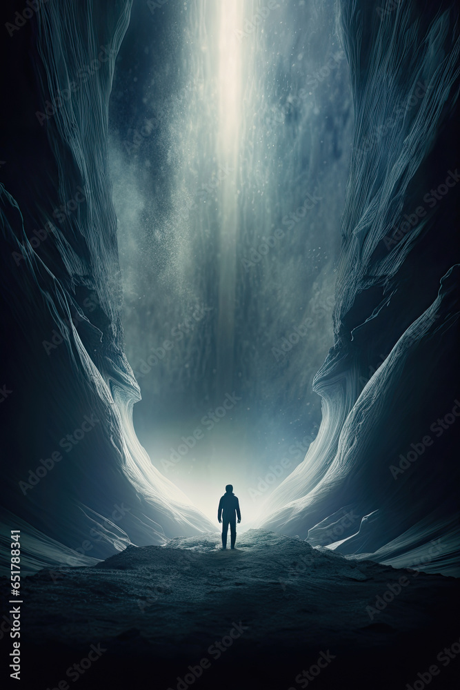 Dark cave with a human standing in front of it, in the style of realistic landscapes with soft, tonal colors - obrazy, fototapety, plakaty 