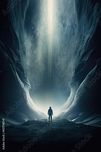 Dark cave with a human standing in front of it, in the style of realistic landscapes with soft, tonal colors