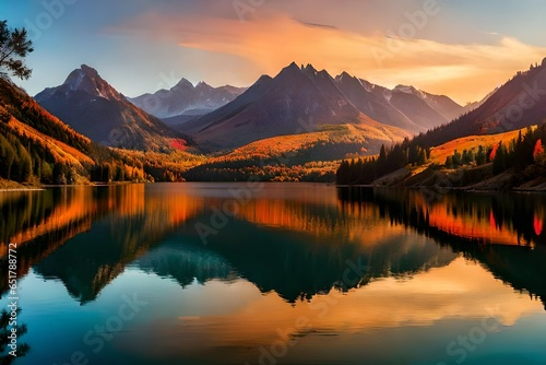 An impressive autumn landscape featuring a lake  creating a warm and magical atmosphere generated by AI tool.