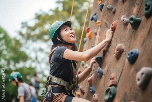 female asian sportswoman practicing climbing on a climbing wall (Generative AI)
