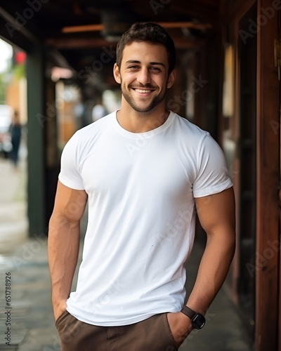 A Muscular Man with Beard Wearing a White T-Shirt Posing on the Street