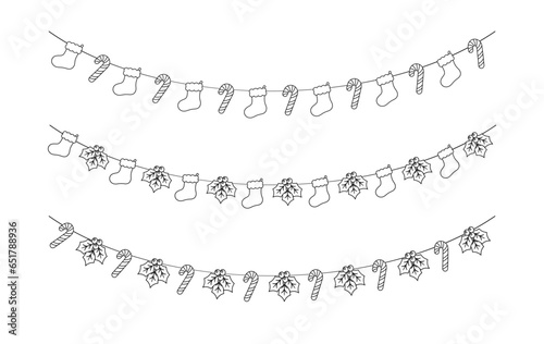 Set of Christmas and winter holiday decoration garland outline doodle. Christmas decoration elements collection. Santa hat, stockings, mistletoe, ornaments, candy cane. Vector Illustration.