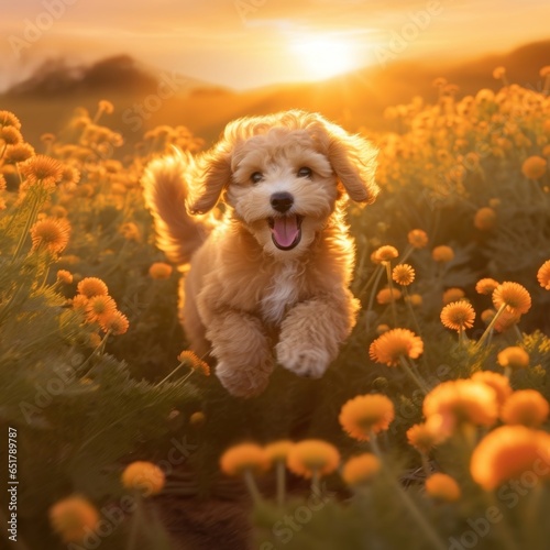 A photorealistic image of a Poodle puppy running through a field of wildflowers in the golden hour