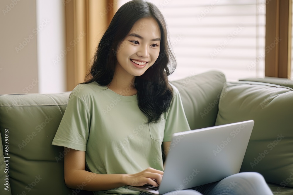 Naklejka premium Portrait of Young Asian Woman with Laptop in Living Room, Beautiful Businesswoman Work From Home, Happy Female Enjoy a Free Day, Online Shopping and Watching Movies