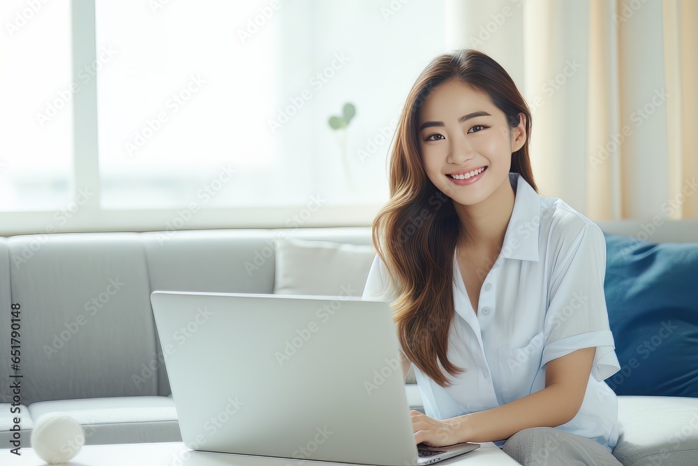 Portrait of Young Asian Woman with Laptop in Living Room, Beautiful Businesswoman Work From Home, Happy Female Enjoy a Free Day, Online Shopping and Watching Movies Portrait of Young Asian Woman with Laptop in Living Room, Beautiful Businesswoman Work From Home, Happy Female Enjoy a Free Day, Online Shopping and Watching Movies