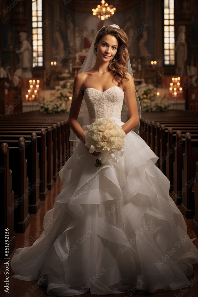 Naklejka premium happy bride in white dress standing alone in a church aisle (Generative AI)