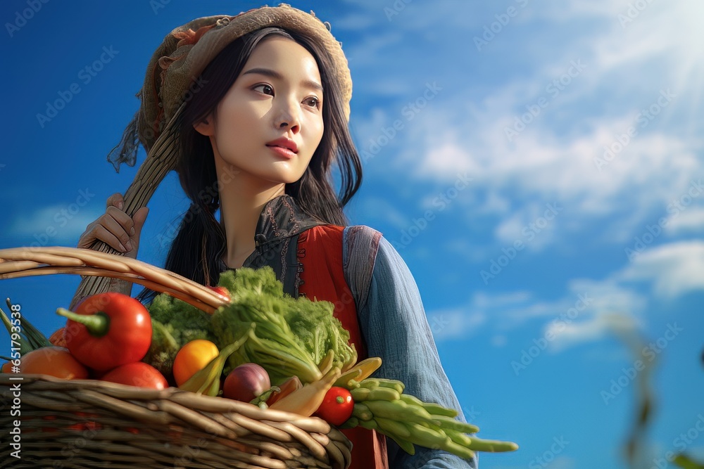 Asian Female Farmer with Basket of Fresh Vegetables, Presenting Organic Vegetables, Healthy Food