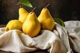 A Perfectly Arranged Display: Tempting Fresh Pears Gracefully Adorn a Tablecloth --ar 3:2