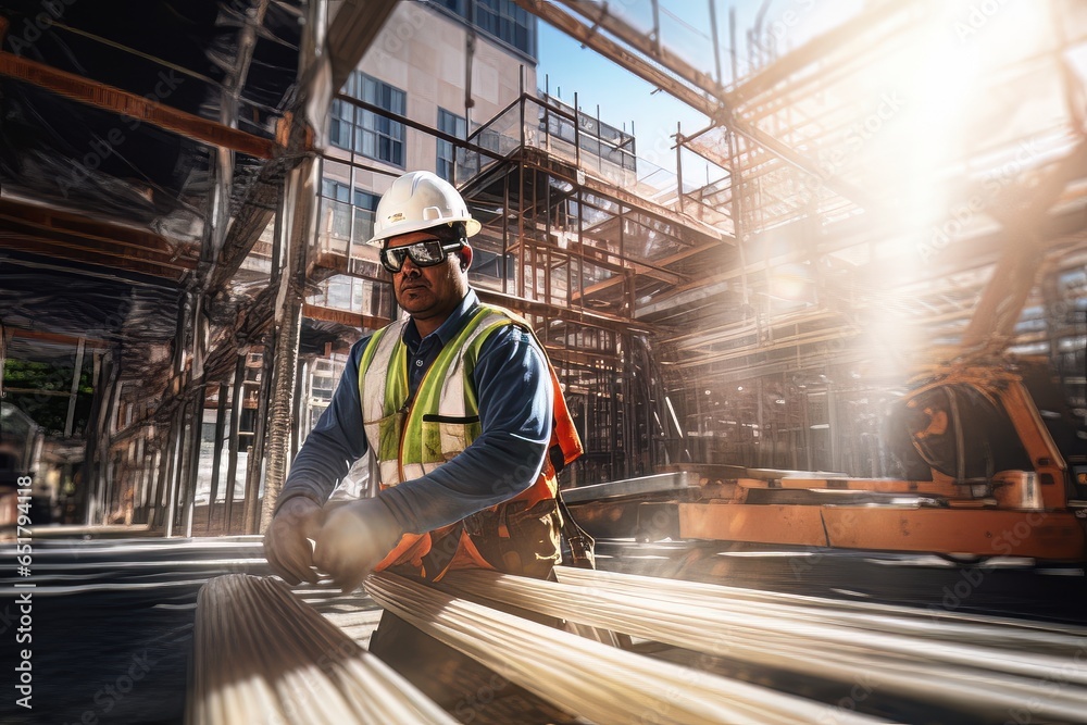 Construction Worker Wearing Safety Uniform, Engineering Works on Building Construction Site, Civil Engineer Observes and Checking the Project Construction Worker Wearing Safety Uniform, Engineering Works on Building Construction Site, Civil Engineer Observes and Checking the Project
