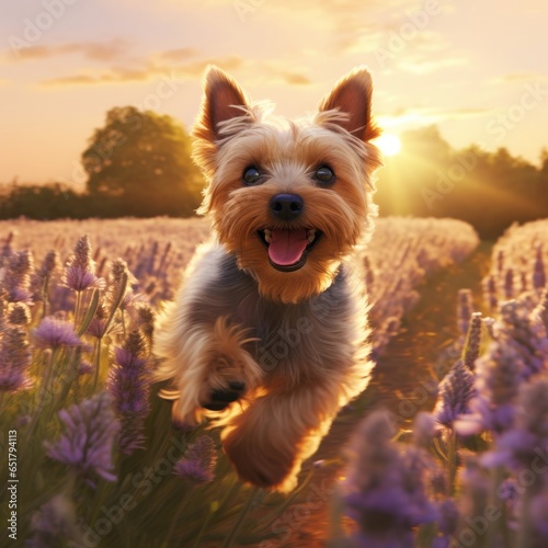 A photorealistic image of a Yorkshire Terrier puppy running through a field of wildflowers in the golden hour