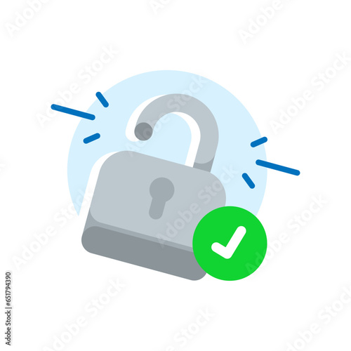 unlock the padlock, login successfully pop up information message ui concept illustration flat design vector eps10. simple, modern graphic element for landing page, infographic, icon
