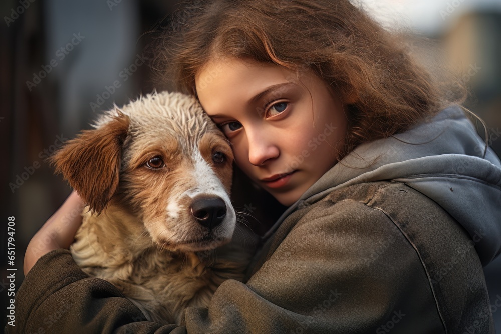 Little Girl Hugging her Dog with Warm Light Background, Kid Hugs a Stray Dog to Conveying a Sense of Love.
