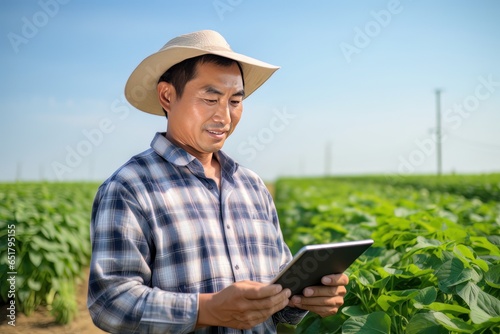 Portrait of Male Farmer Using Tablet in the Farm, Observes and Check Growth Plants, Agriculture Smart Farming Concept