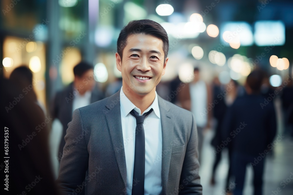 Portrait of Happy Businessman Walking on Street at Night, Handsome Asian Manager in Modern City Surrounded By Blurred People Portrait of Happy Businessman Walking on Street at Night, Handsome Asian Manager in Modern City Surrounded By Blurred People