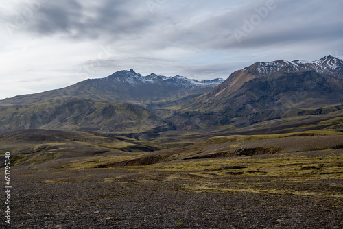 Volcanic landscape of Fjallabak Nature Reserve in Icelandic highlands under sunny autumn landscape.