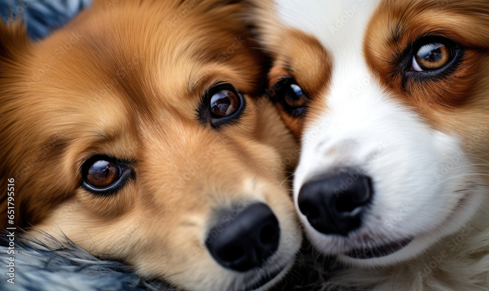 Two Corgis lying side by side. Two Corgis lying side by side.