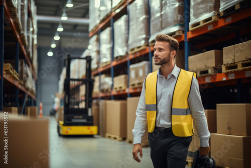 man in uniform wearing a yellow vest in a hardware warehouse standing checking supplies