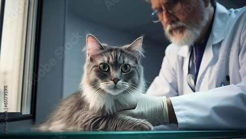 A veterinary  male a cat in a veterinary office. Pets visiting a vet. ,  veterinary office or hospital.