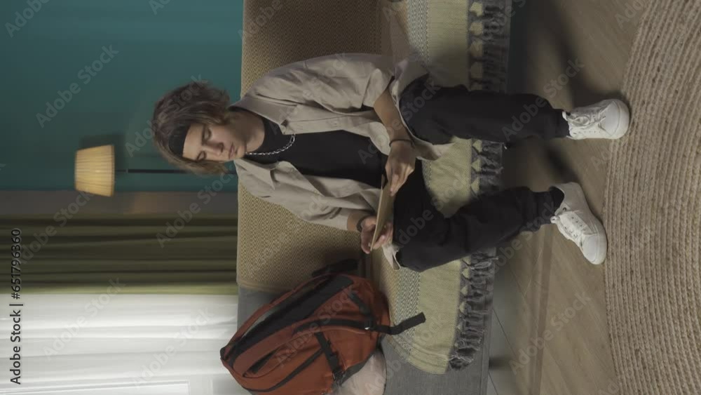 Vertical video of a teenager, young man entering the frame with an envelope. He sits on the couch to read the letter, discovering that he failed to get into a college, university. HDR BT2020 HLG