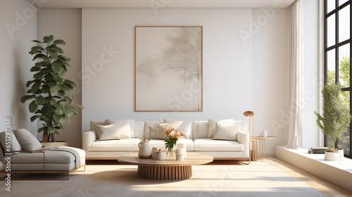 Modern interior design of cozy apartment, living room with white sofa, armchairs. Room with big window © Samira