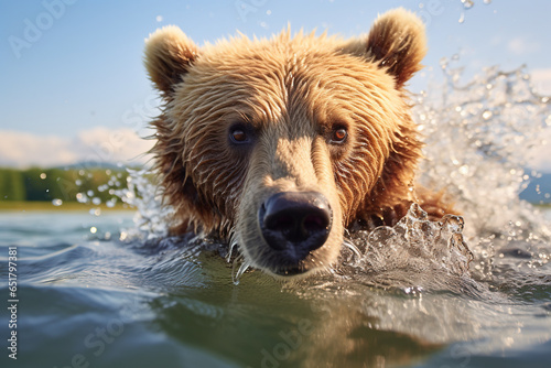 Bear swimming under water, fishing, The Kamchatka brown bear, Ursus arctos beringianus catches salmons at Kuril Lake in Kamchatka, running in the water, action picture photo