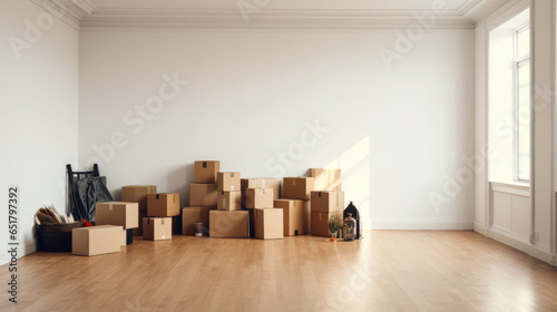 An empty room in a house with moving boxes,  indicating a recent move photo