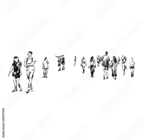 Drawing of people are traveling and walking around city.