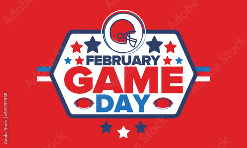 Game Day. American football playoff. Super Bowl Party in United States. Final game of regular season. Professional team championship. Ball for american football. Sport poster. Vector illustration