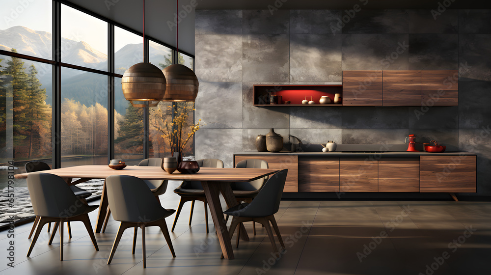 Modern minimalist interior design of luxury kitchen, dining table and chairs Modern minimalist interior design of luxury kitchen, dining table and chairs