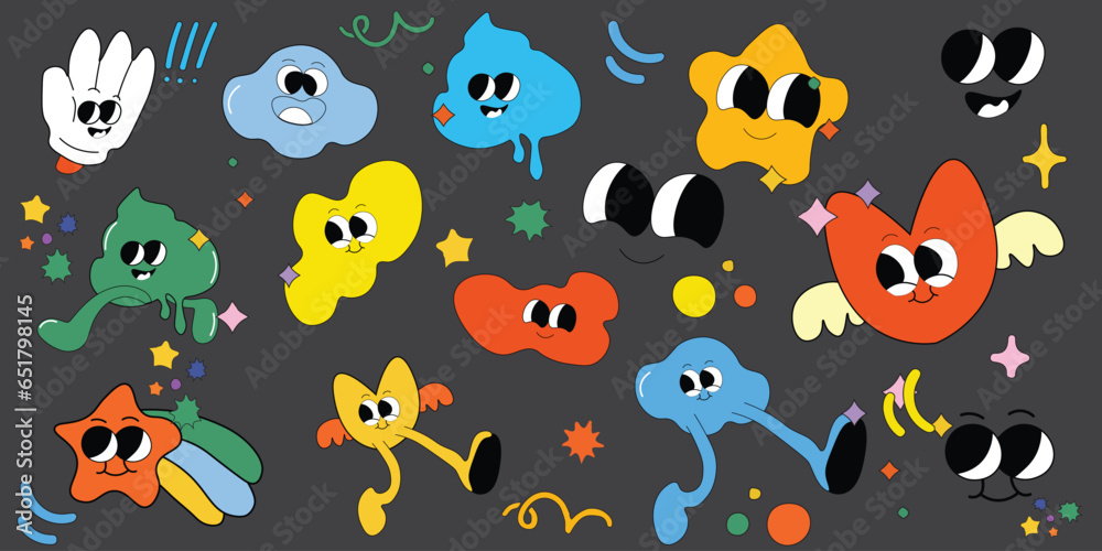 Set of 70s groovy comic vector. Collection of cartoon character faces with different emotions Set of 70s groovy comic vector. Collection of cartoon character faces with different emotions