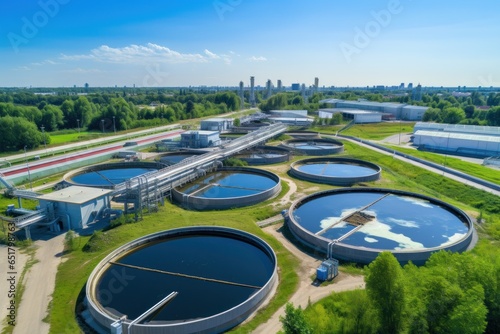 An expansive water treatment plant seen from above, showcasing its intricate infrastructure and the importance of clean water management