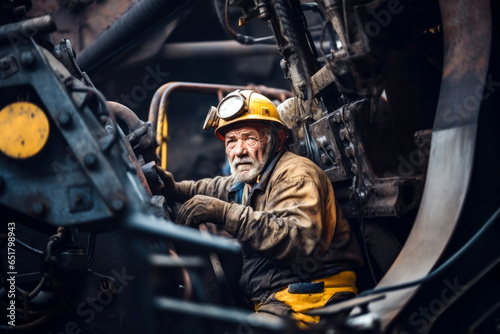 Photo of a worker in a yellow helmet operating machinery in a mining site