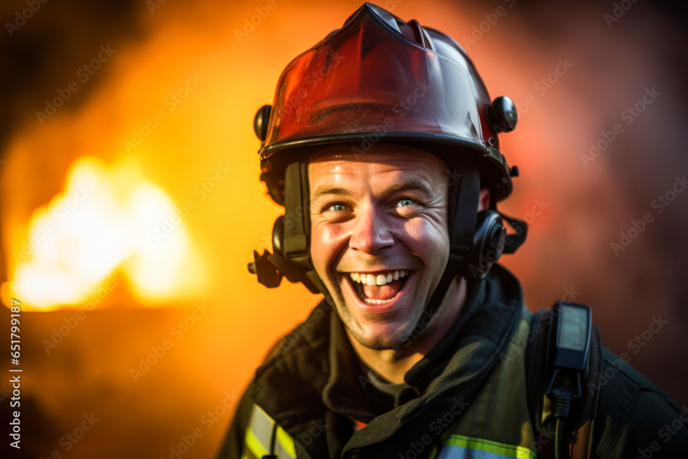 Photo of a smiling firefighter battling a raging fire with determination and bravery Photo of a smiling firefighter battling a raging fire with determination and bravery