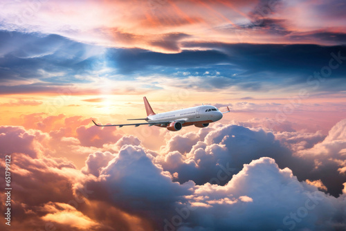 passenger plane flies above clouds, against background of the evening setting sun