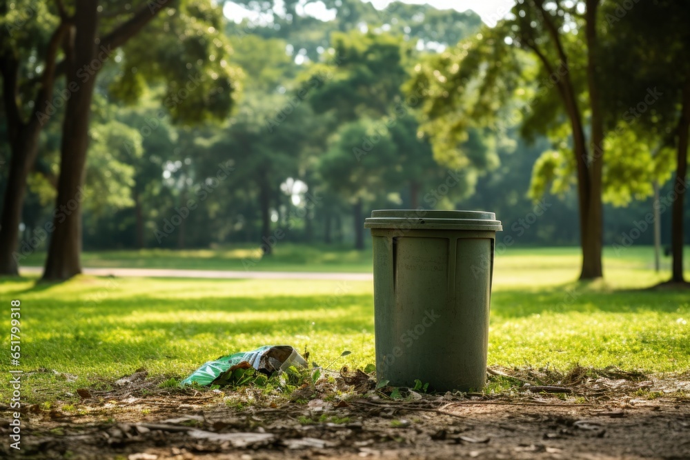 A trash can standing alone in a serene park A trash can standing alone in a serene park