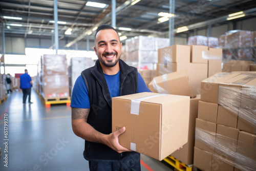 Photo of a man holding a box in a warehouse photo