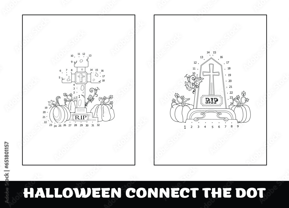 Halloween education numbers game, dot to dot for children. Traced by numbers, Connect dots for numbers.