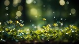Glistening Water Drops on Fresh Green Leaves in Sunlight, with Blurry Forest Bokeh, Close-Up Beauty of Nature, Love Earth Concept
