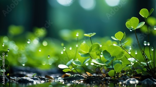 Glistening Water Drops on Fresh Green Leaves in Sunlight, with Blurry Forest Bokeh, Close-Up Beauty of Nature, Love Earth Concept 