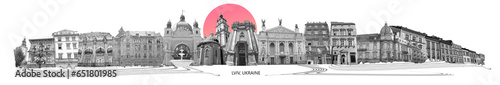Ukraine, Lviv - city collage or art design with famous travel sights, skyline, buildings. photo