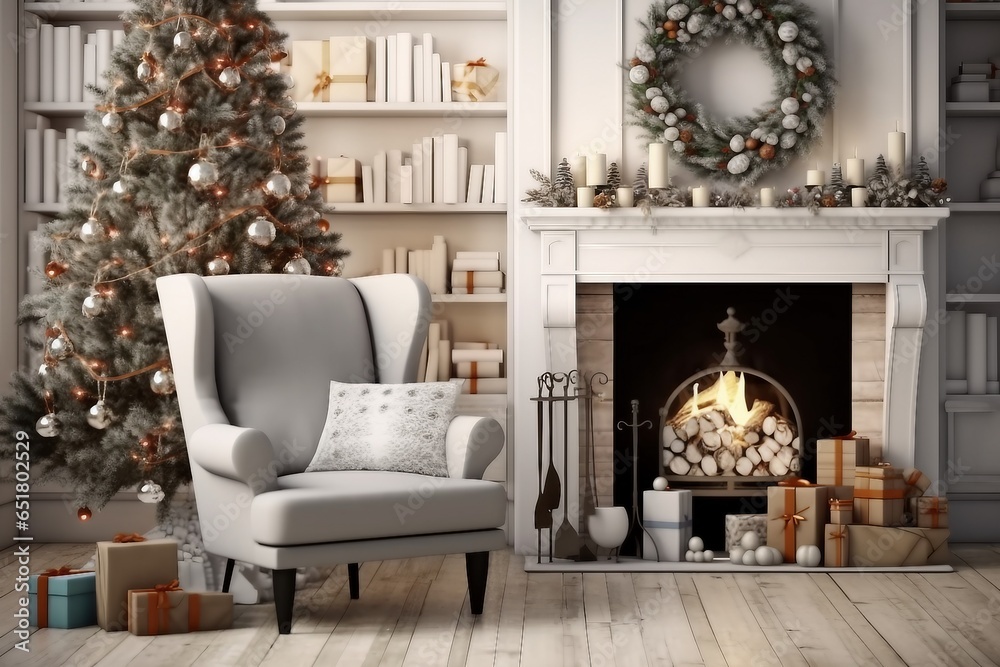 Obraz na płótnie New year tree in scandinavian style interior with christmas decoration and fireplace. generative ai. w salonie
