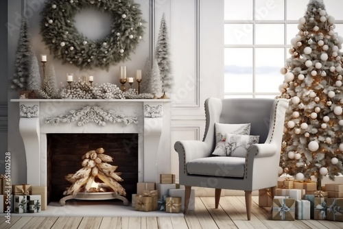 New year tree in scandinavian style interior with christmas decoration and fireplace. generative ai.