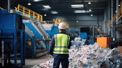 Mechanical engineer inspects waste recycling system in factory. photo