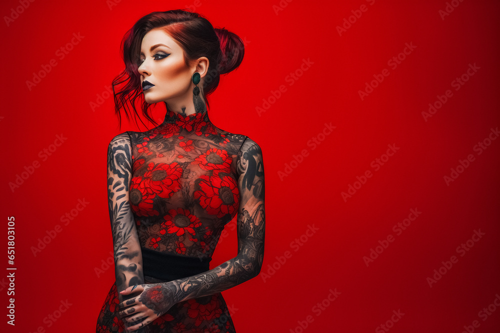 Portrait of a beautiful red hair girl with full body tattoos - obrazy, fototapety, plakaty 