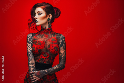 Portrait of a beautiful red hair girl with full body tattoos